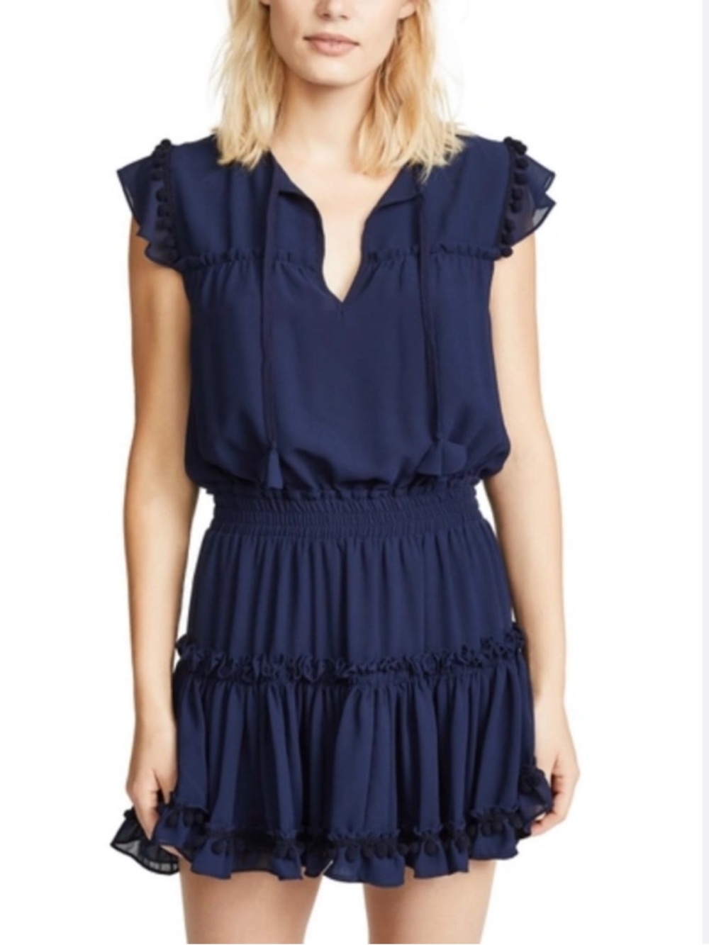 Misa Los Angeles Aryana Navy Ruffle Mini Dress with Smocked Waist Size XS Preppy